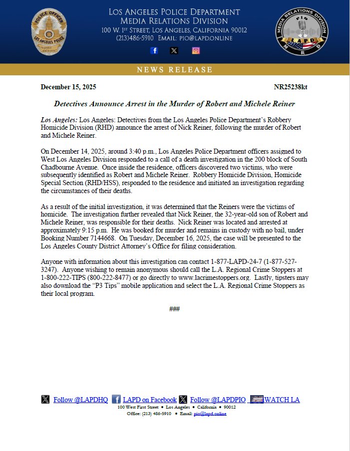 LAPD announces Nick Reiner the killer